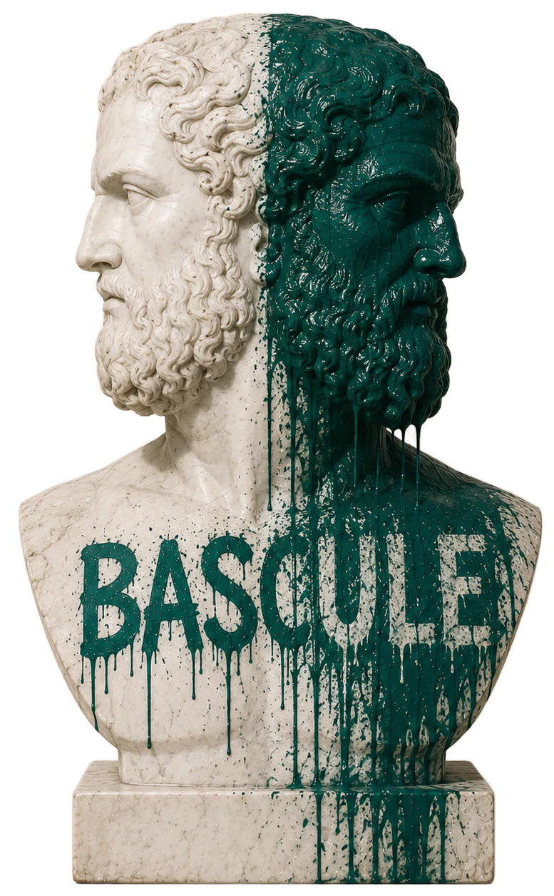 Buste antique de Janus à deux visages, sculpté en marbre, vandalisé avec peinture vert sapin. Symbole du diagnostic Tacelo.