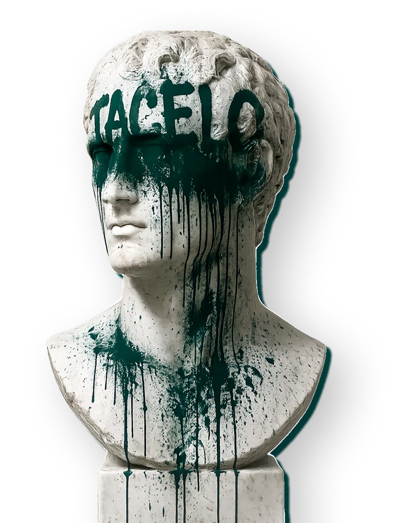 Buste antique en marbre tagué « TACELO » à la peinture, coulures teal — signature visuelle de Tacelo