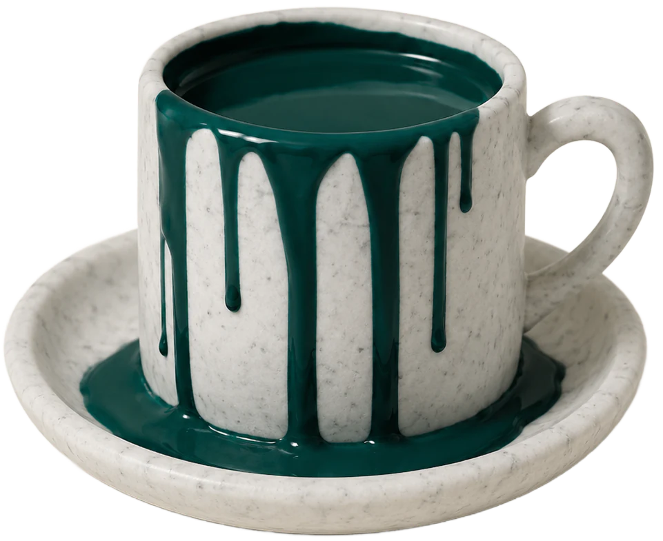 Tasse à café signature Tacelo — marbre ivoire avec peinture vert sapin qui dégouline