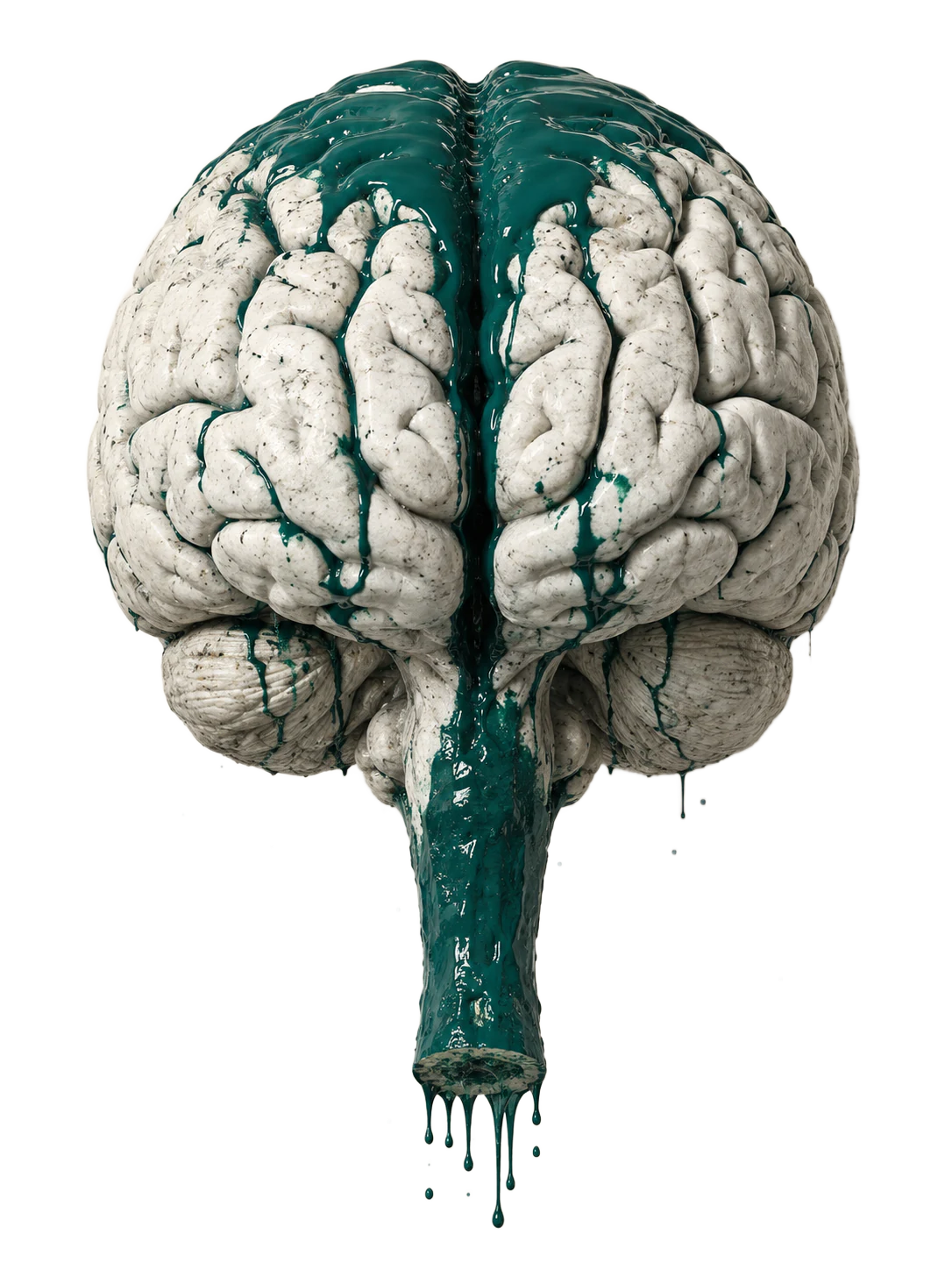Sculpture anatomique d'un cerveau avec tronc cérébral en céramique, peinture teal coulant le long du tronc