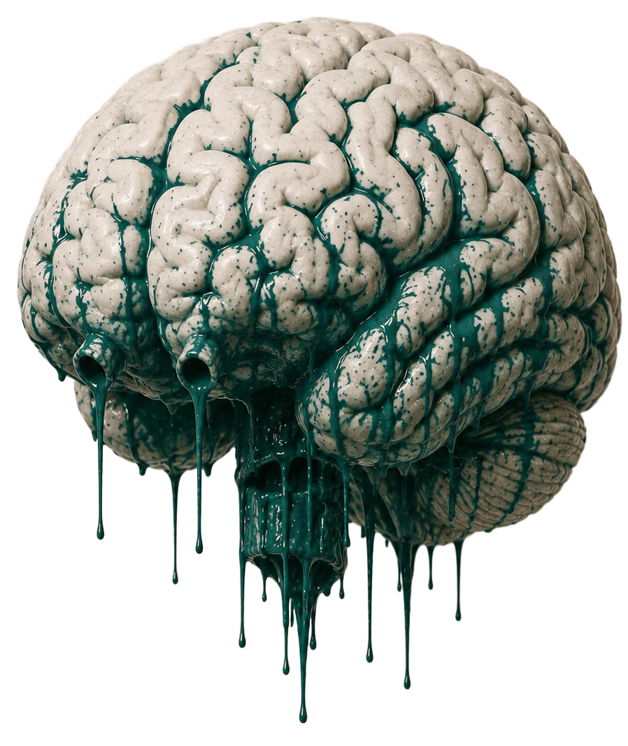Sculpture anatomique d'un cerveau en céramique, peinture teal coulant entre les circonvolutions