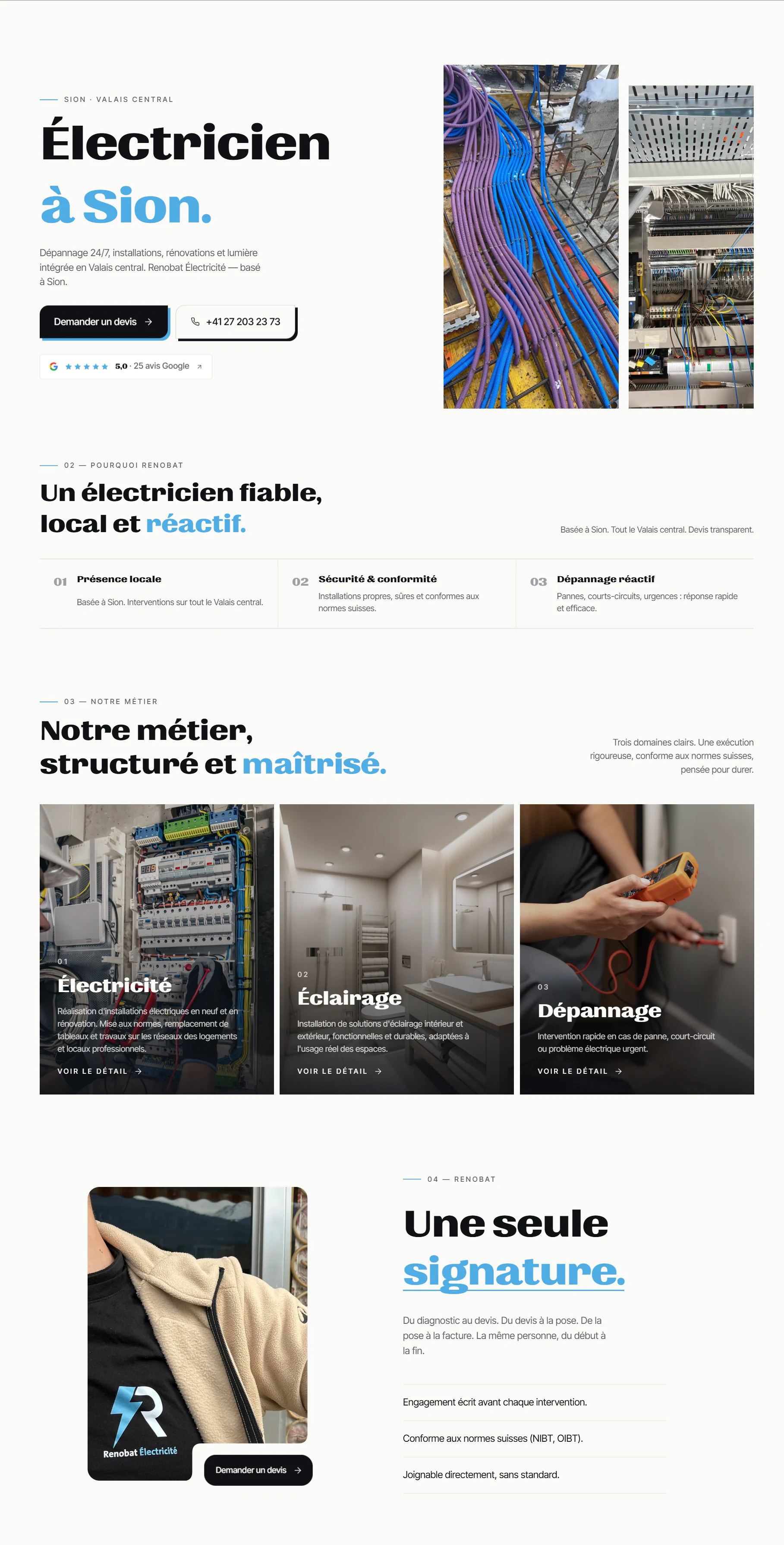 Aperçu intégral de la page d'accueil du site Renobat Électricité