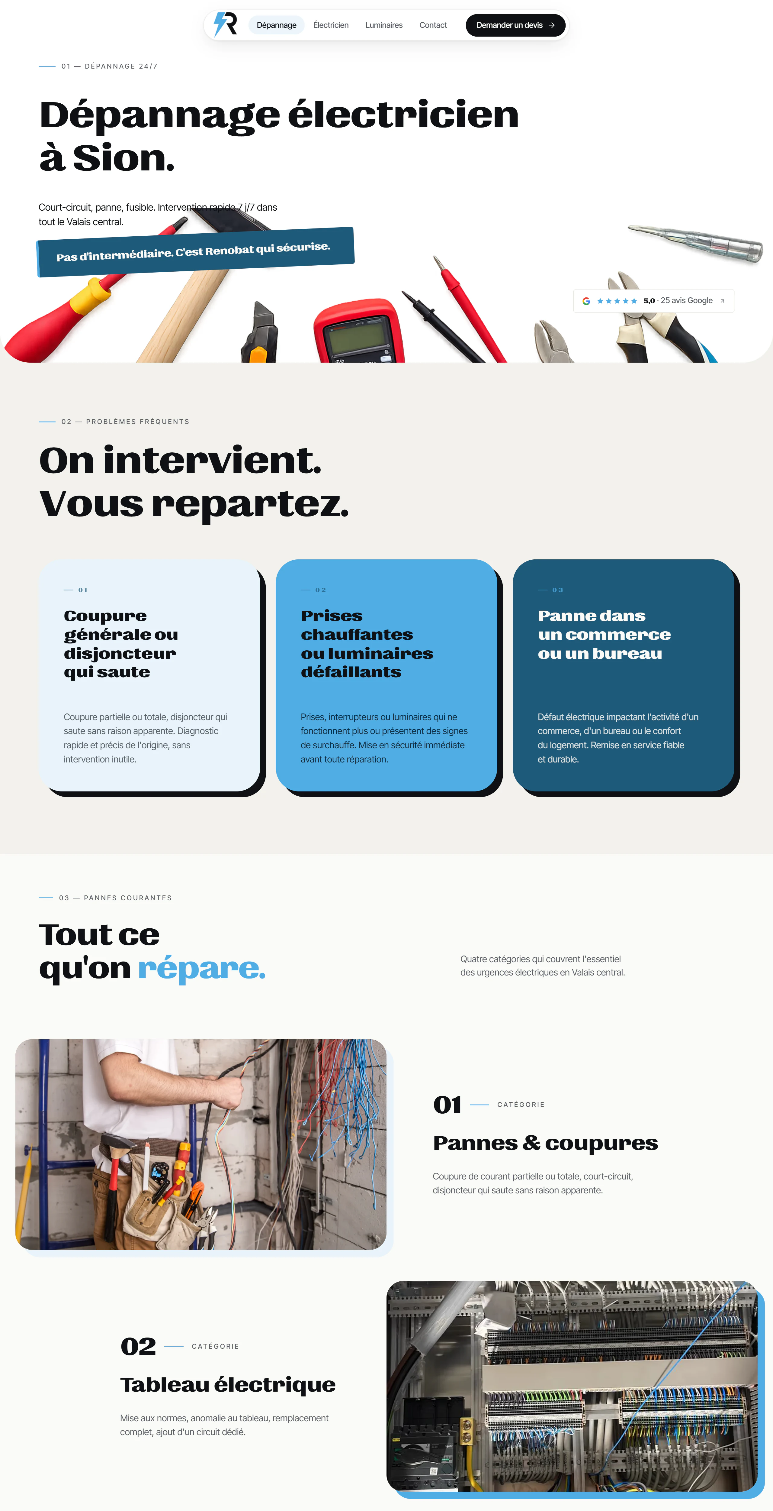 Aperçu intégral de la page Dépannage du site Renobat Électricité