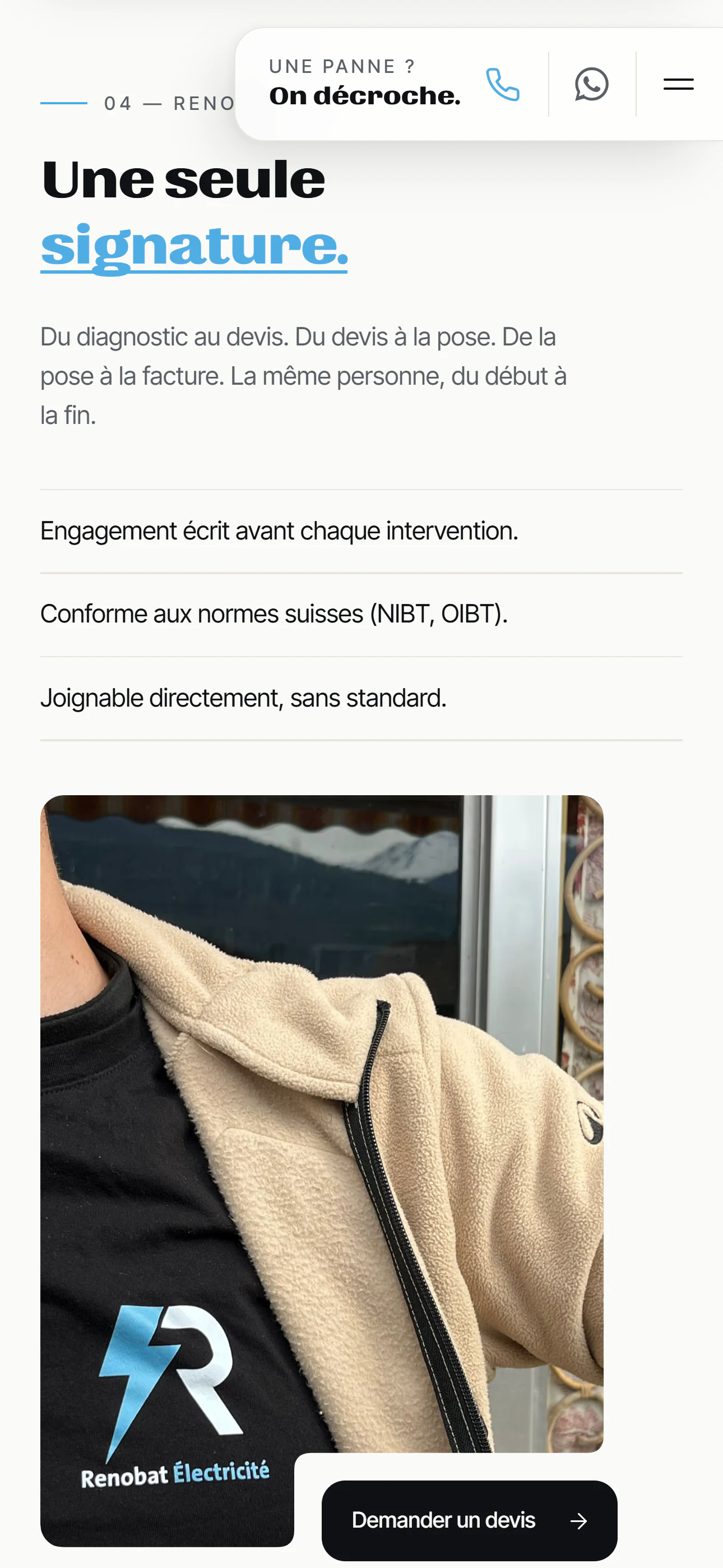 Renobat Électricité — version mobile, section services