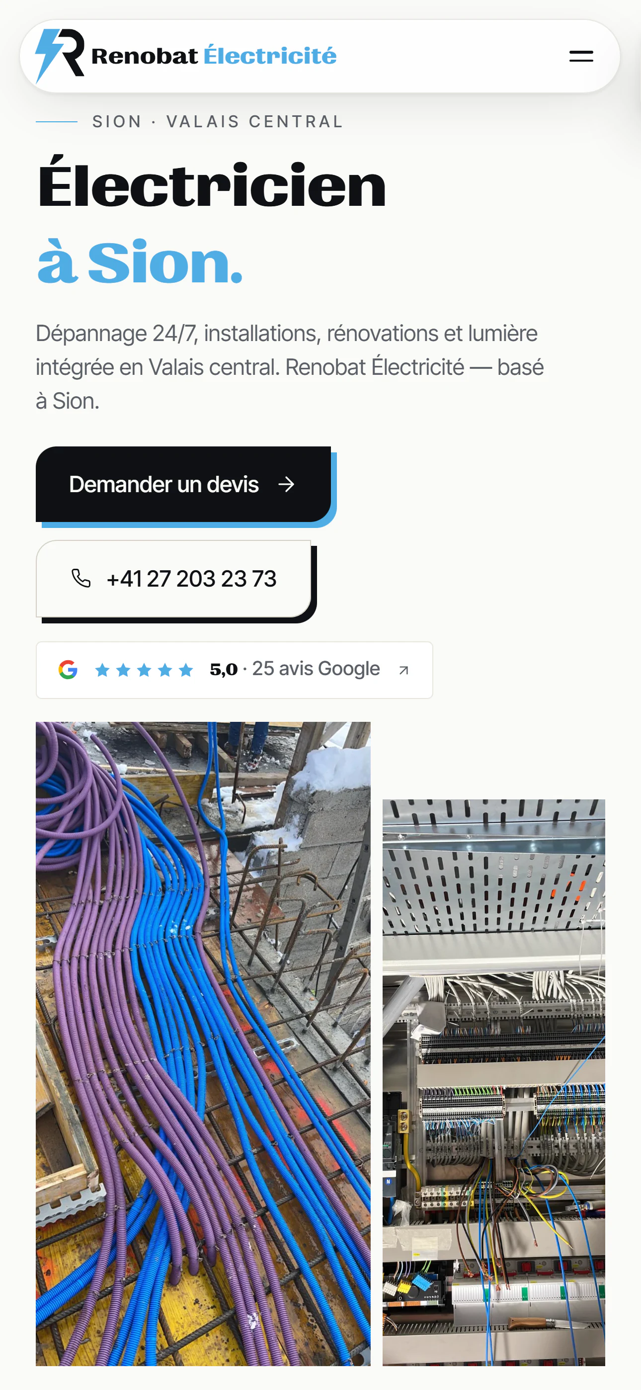 Renobat Électricité — version mobile, contact