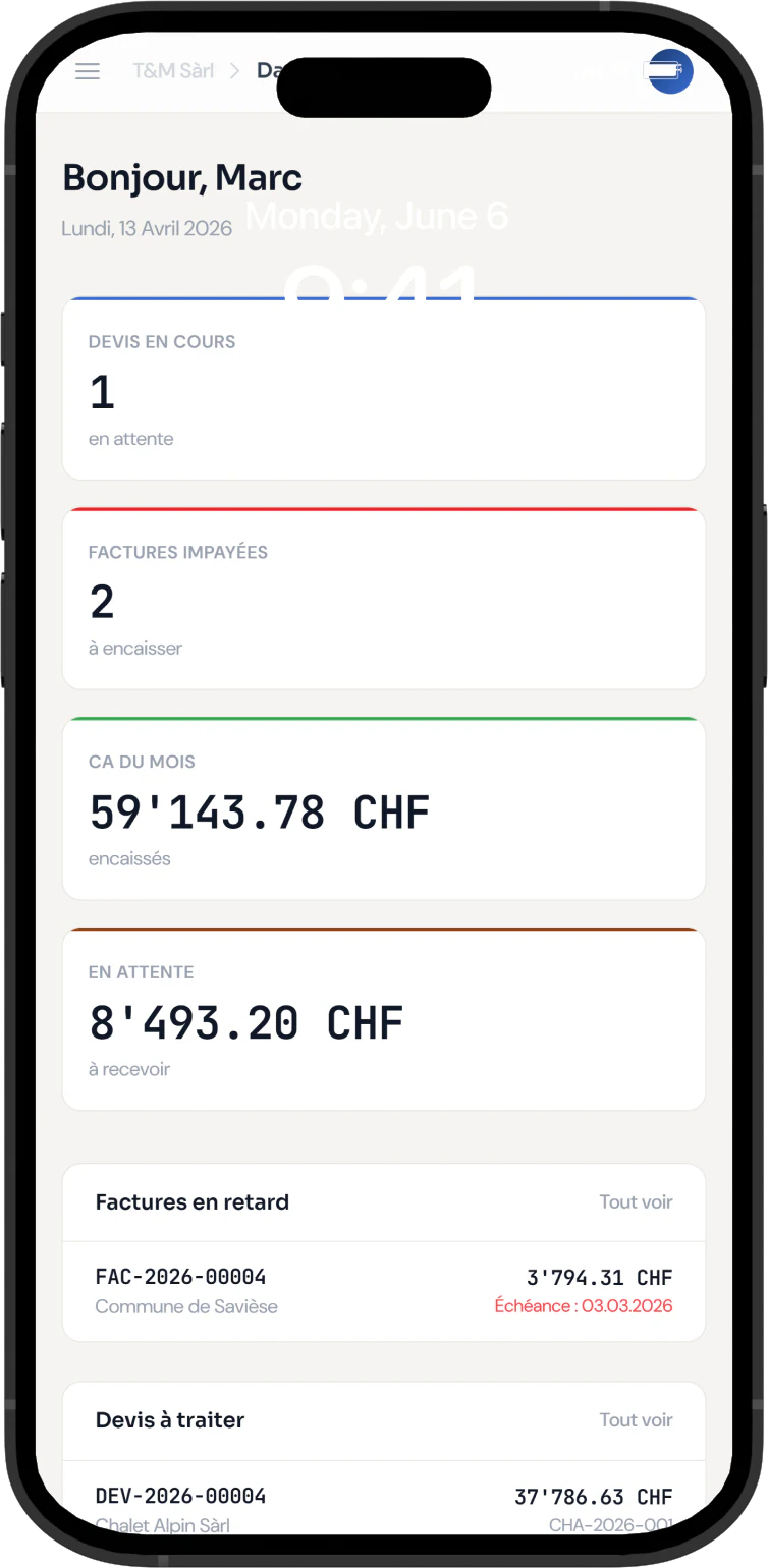 T&M Sàrl — dashboard du logiciel sur mobile, version responsive