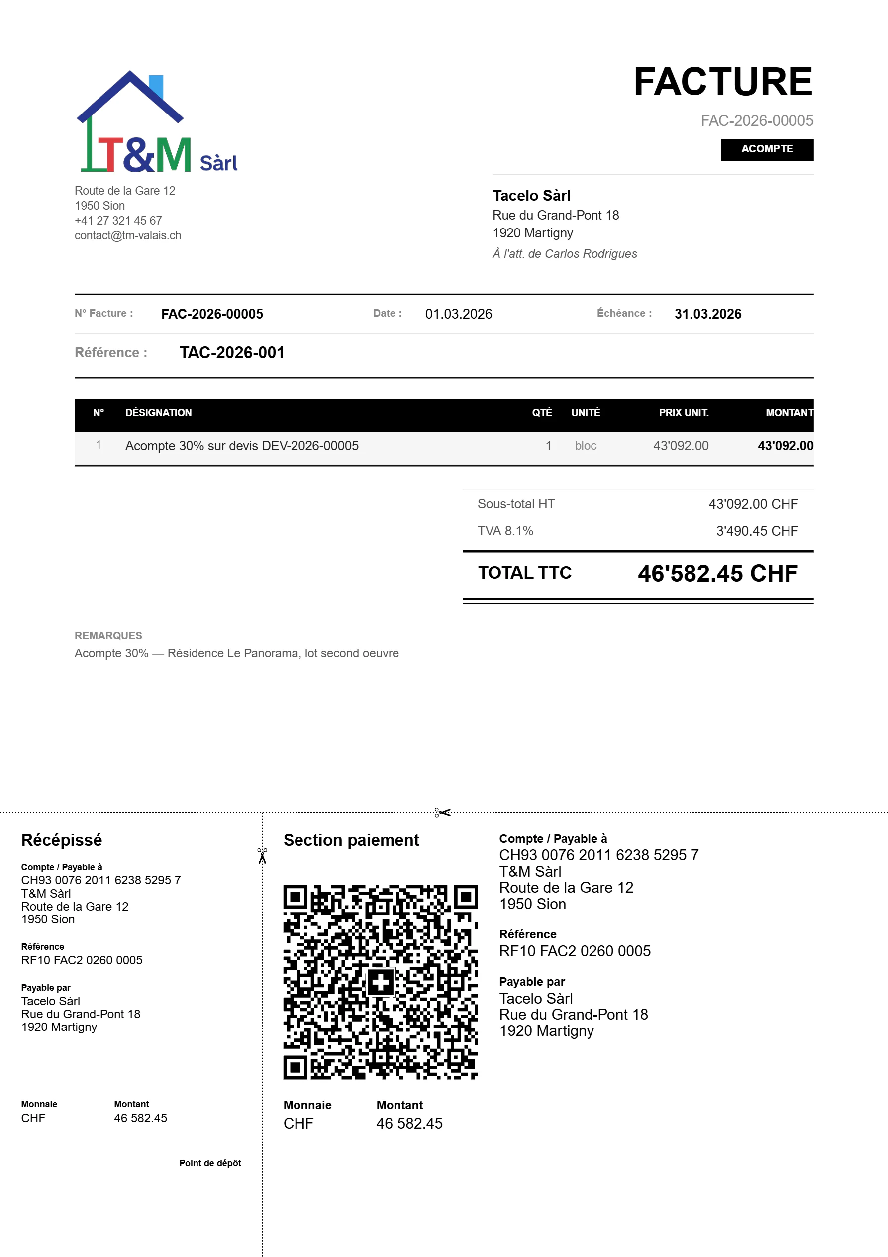 T&M Sàrl — facture générée avec QR-facture suisse