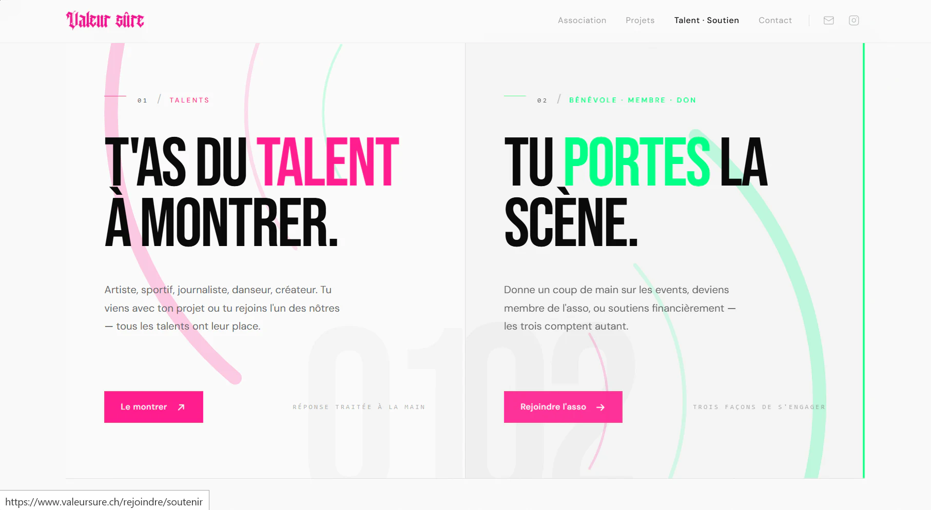 Valeur sûre — home publique avec sections Talent et Soutien, design éditorial