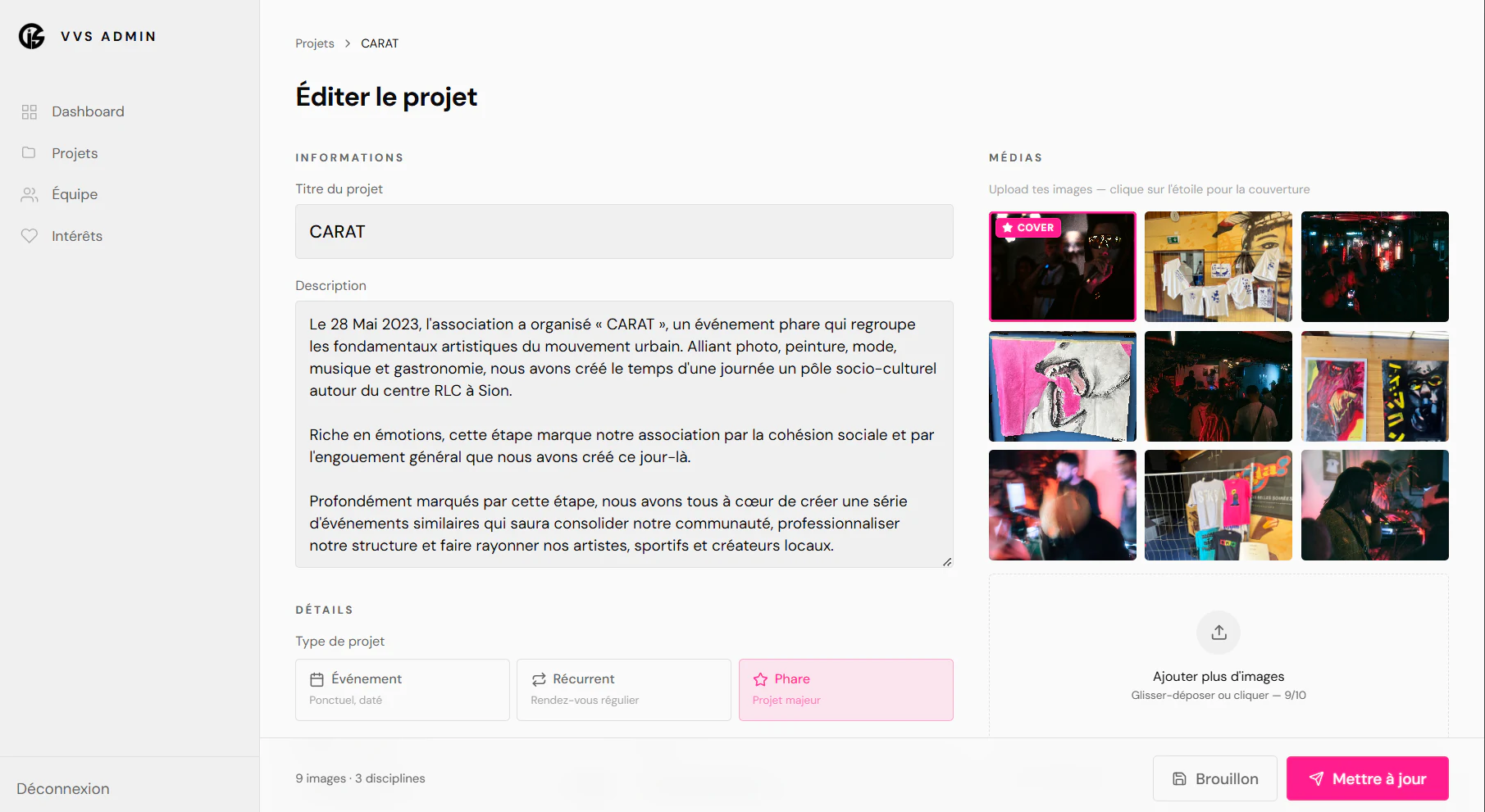 Valeur sûre — back-office admin, édition d'un projet par l'association