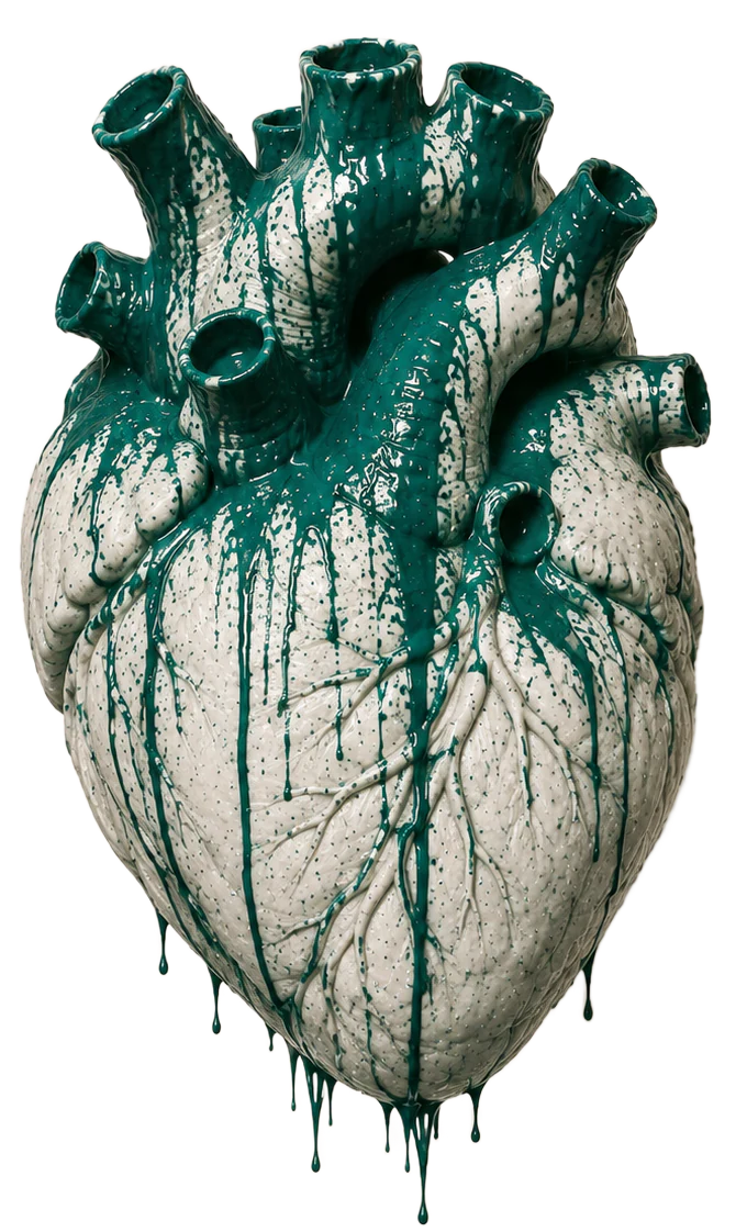 Sculpture anatomique d'un cœur en céramique, peinture teal en coulures — emblème éditorial Tacelo