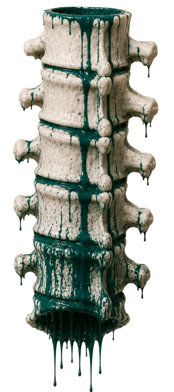 Sculpture anatomique d'une colonne vertébrale en céramique avec coulures de peinture teal — métaphore de l'épine dorsale du métier que devient un back-office sur mesure