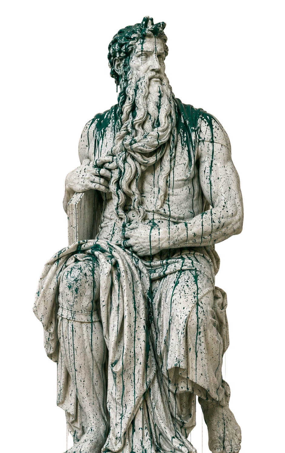 Statue de Moïse assise en marbre, coulures de peinture vert sapin