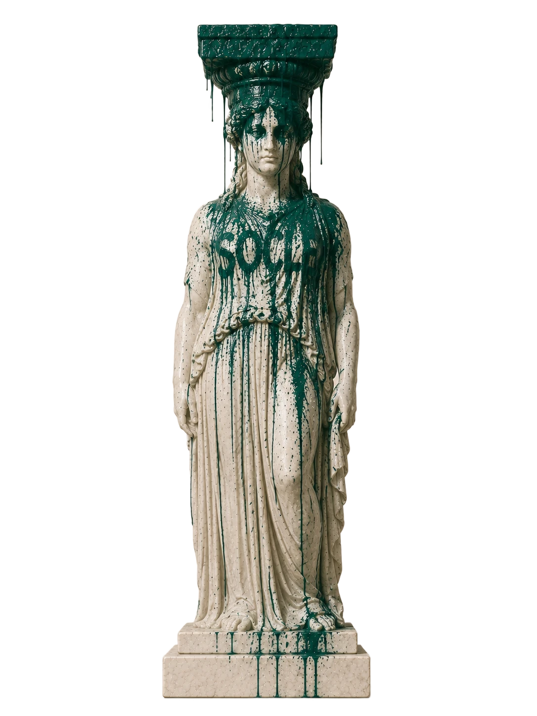 Cariatide en marbre, colonne sculptée aux coulures vert sapin