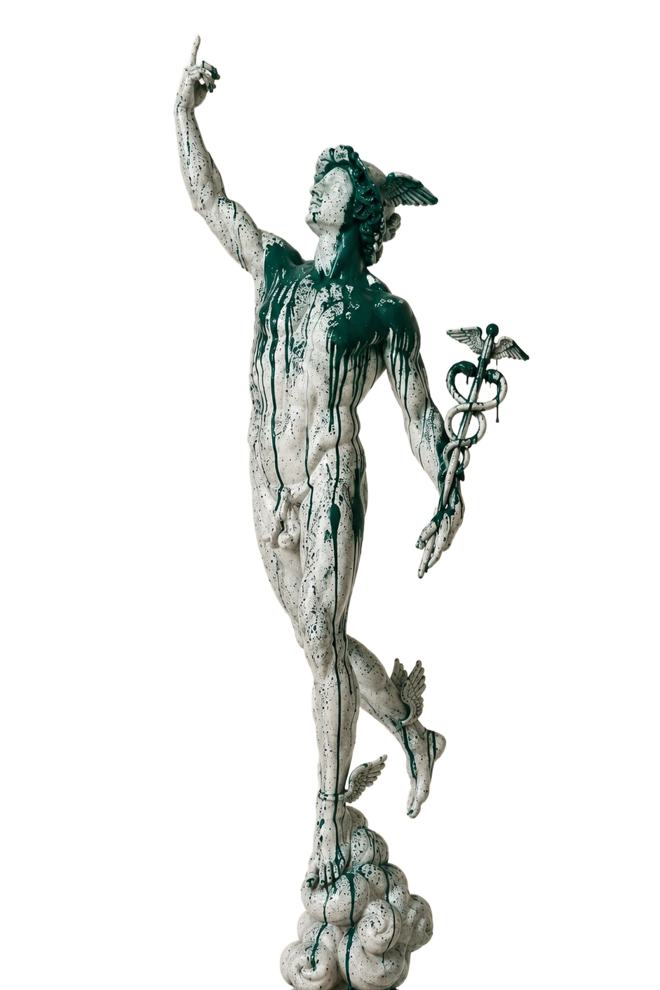 Statue de Mercure en marbre, bras tendu vers le ciel, coulures de peinture vert sapin