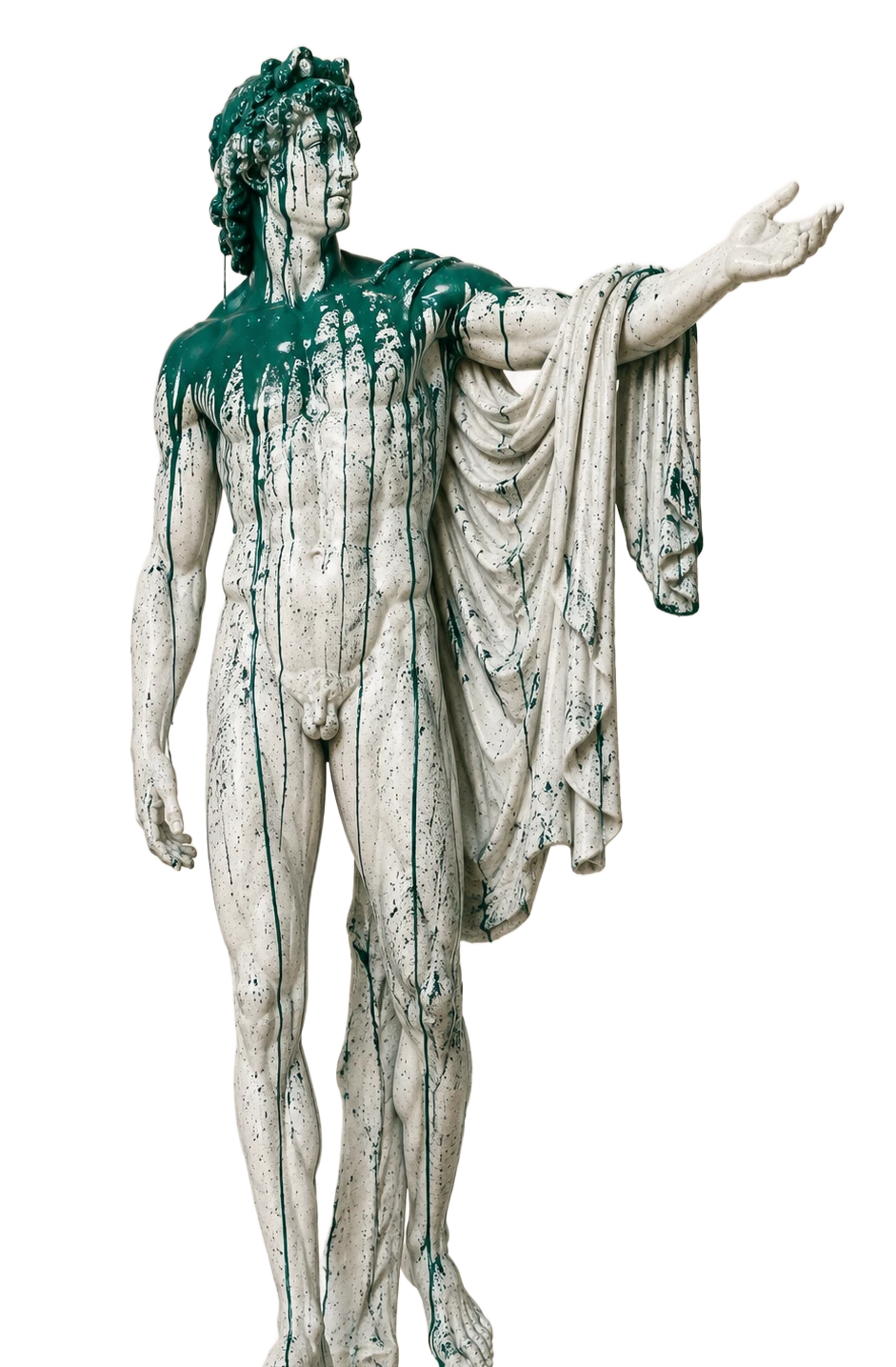 Statue en marbre au drapé, bras tendu, coulures de peinture vert sapin
