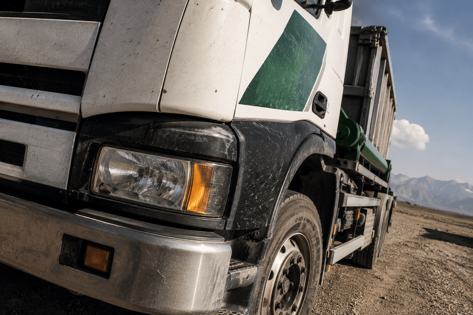 La cabine d'un camion de chantier, sur une piste de gravier