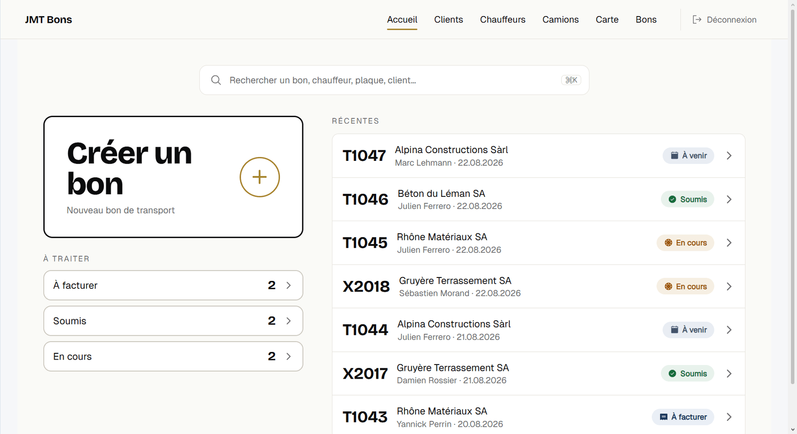 L'interface bureau de gestion des bons de transport