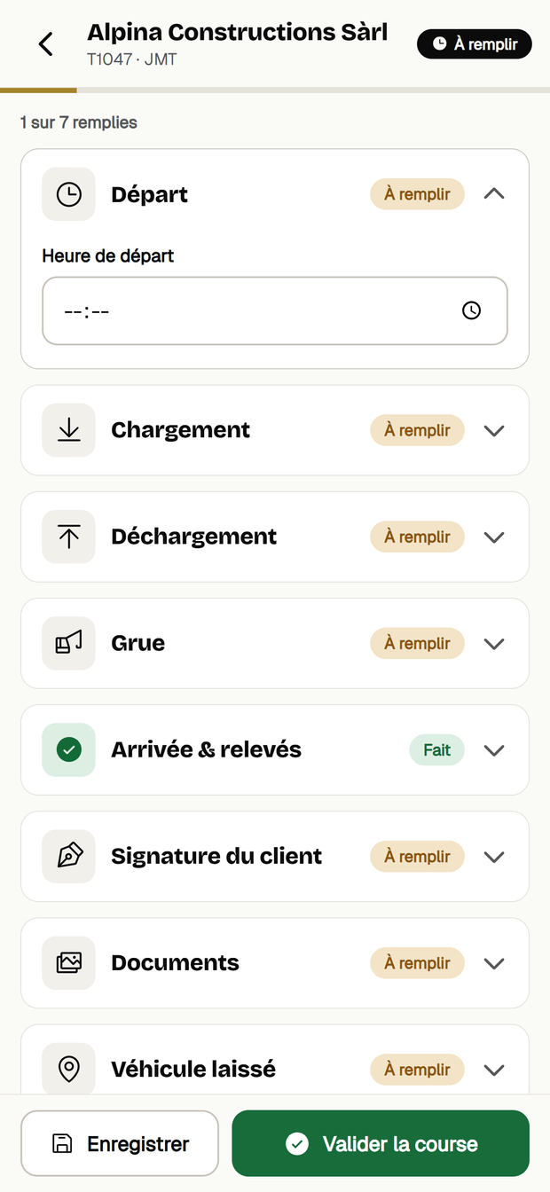 Le détail d'une course, avec les relevés à remplir un par un.