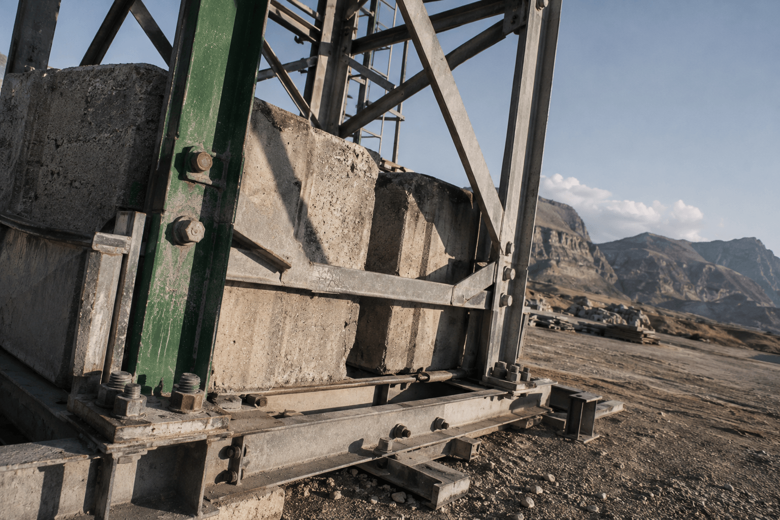 Le pied d'une grue de chantier lesté de blocs de béton
