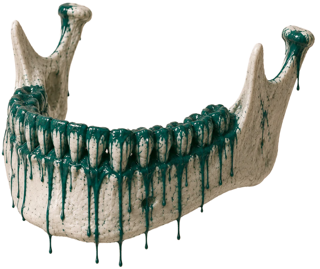 Sculpture anatomique d'une mâchoire en céramique, peinture teal en coulures