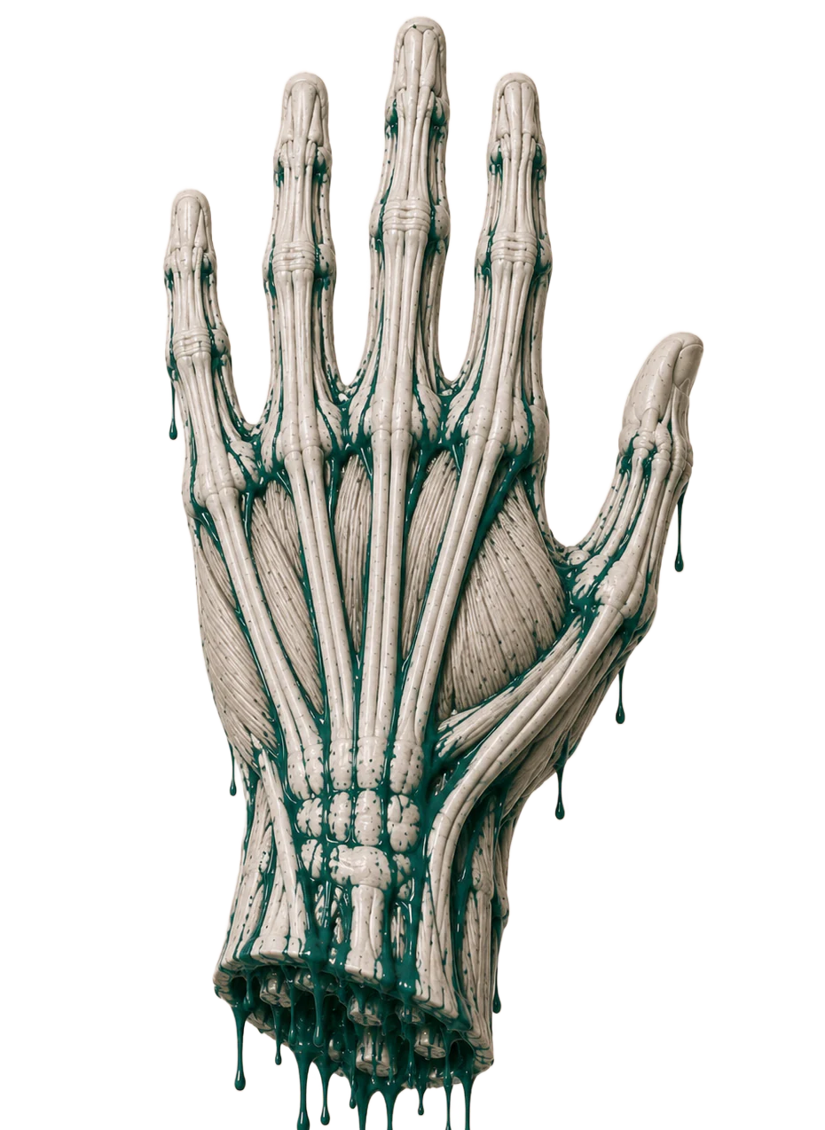 Sculpture anatomique d'une main écorchée révélant tendons et structures internes, peinture teal en coulures