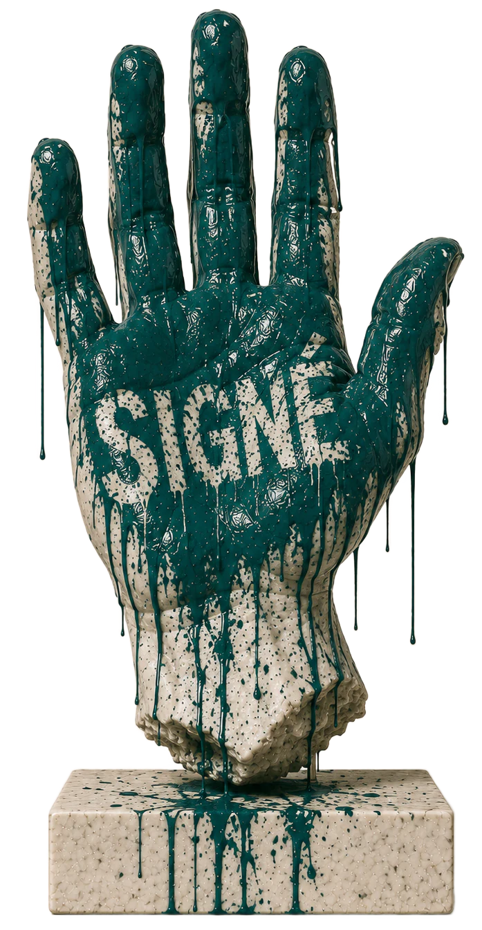 Sculpture en marbre représentant une main signée avec de la peinture vert sapin, symbole de l'engagement Tacelo