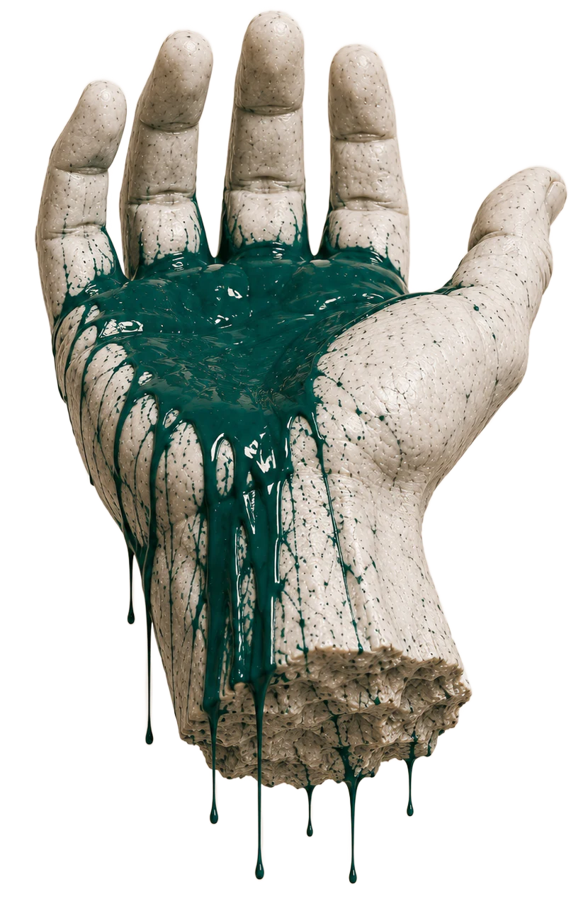 Sculpture anatomique d'une main tendue paume ouverte en céramique, peinture teal en coulures