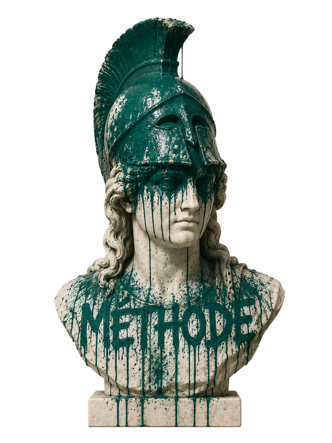 Buste sculpté antique avec « MÉTHODE » inscrit sur le torse et coulures de peinture teal — emblème éditorial Tacelo