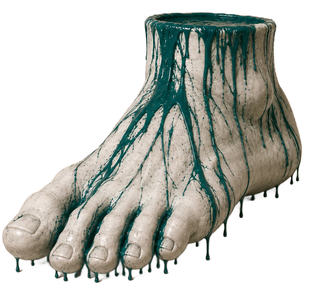 Sculpture anatomique d'un pied en céramique ivoire, peinture teal coulant le long du tibia — emblème éditorial Tacelo