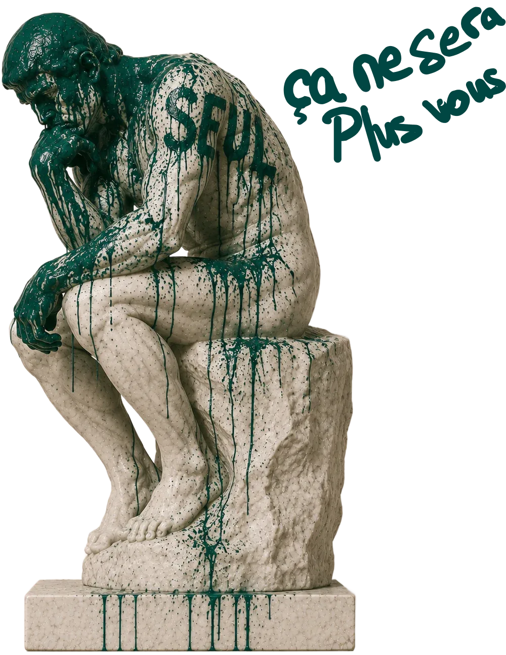 Le Penseur de Rodin en marbre, marqué « SEUL » à la peinture teal, avec la mention manuscrite « ça ne sera plus vous »
