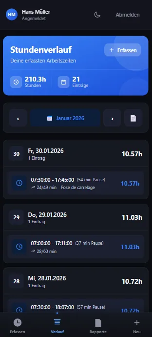 Liga Investment — saisie d'heures mobile
