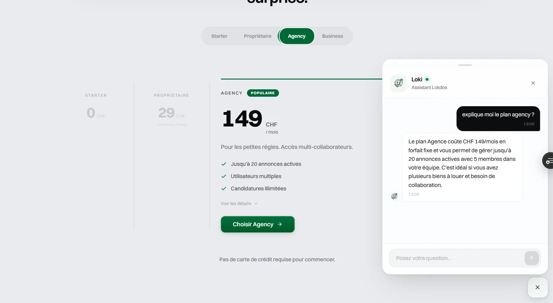 Lokdos — section tarifs avec assistant Loki
