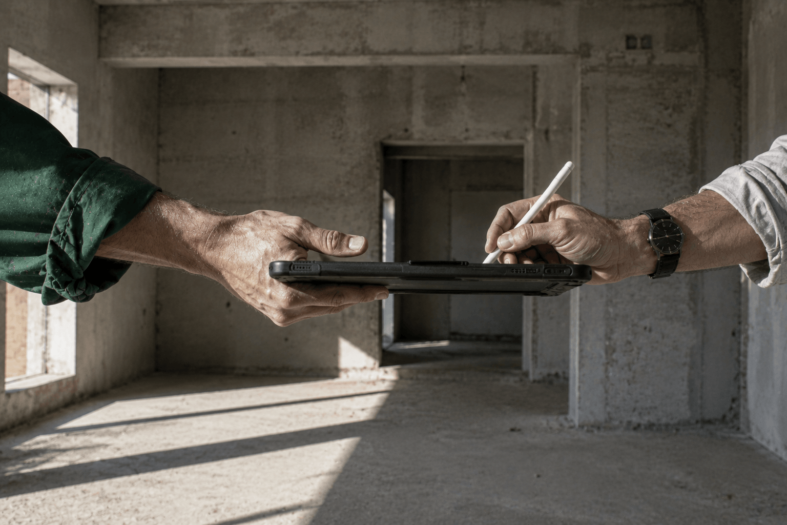 Un bon signé au stylet sur une tablette, dans un bâtiment en gros œuvre