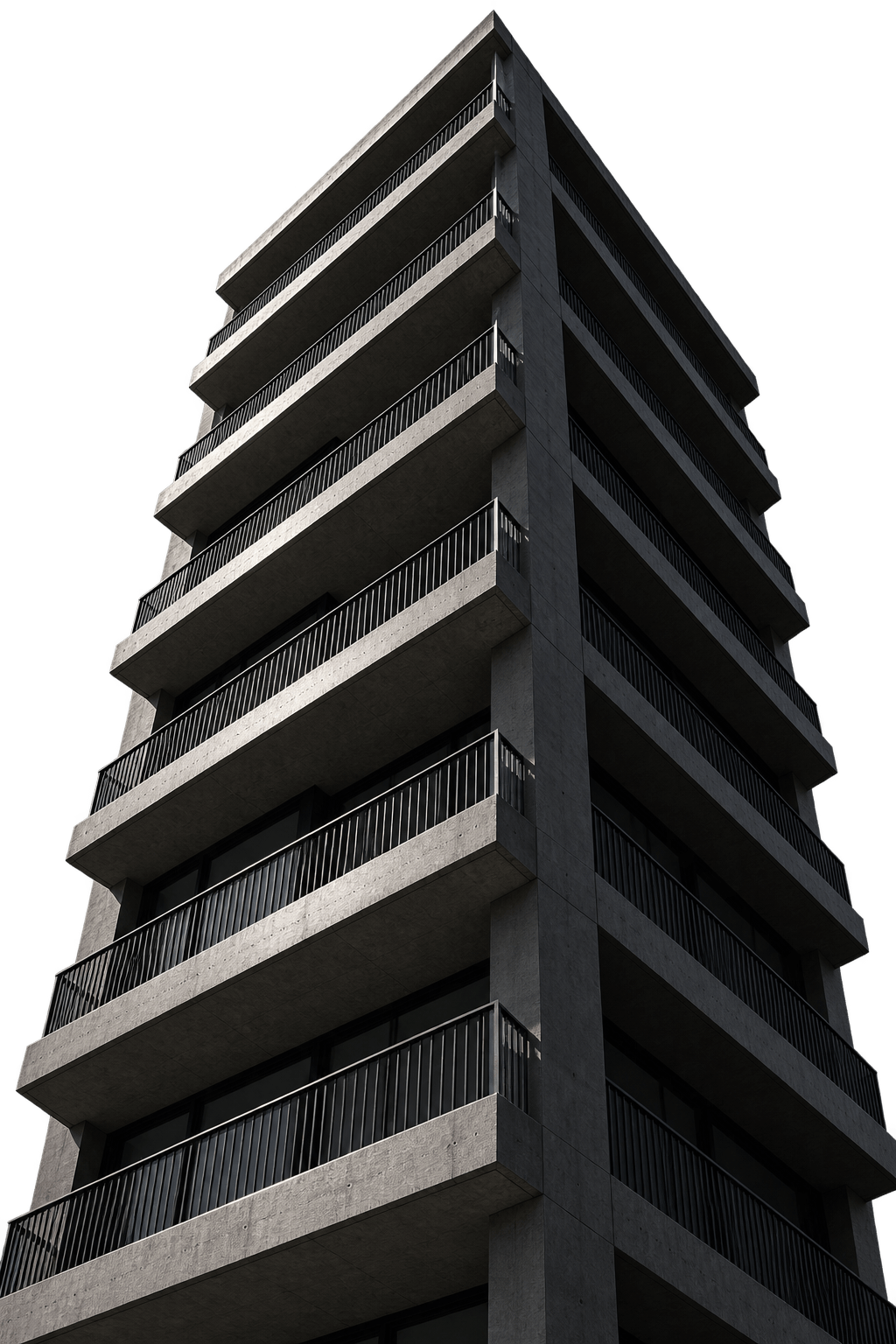 Un immeuble vu en contre-plongée, balcons en enfilade