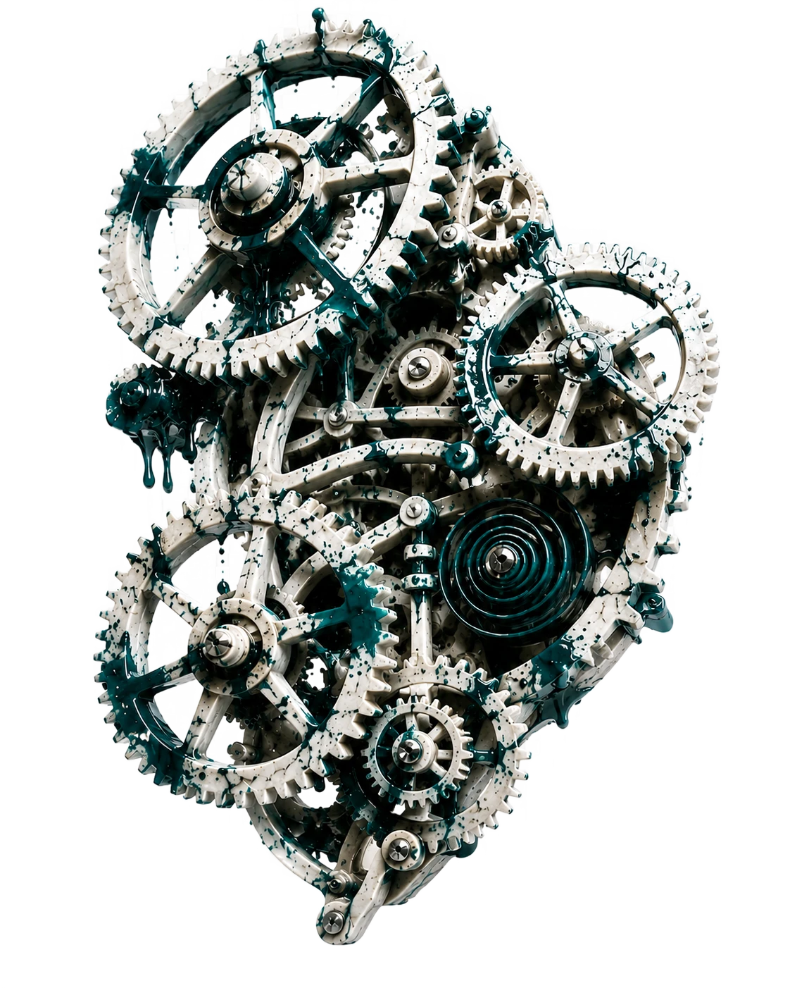 Sculpture en marbre d'un mécanisme d'horlogerie — rouages imbriqués couverts de coulures de peinture teal