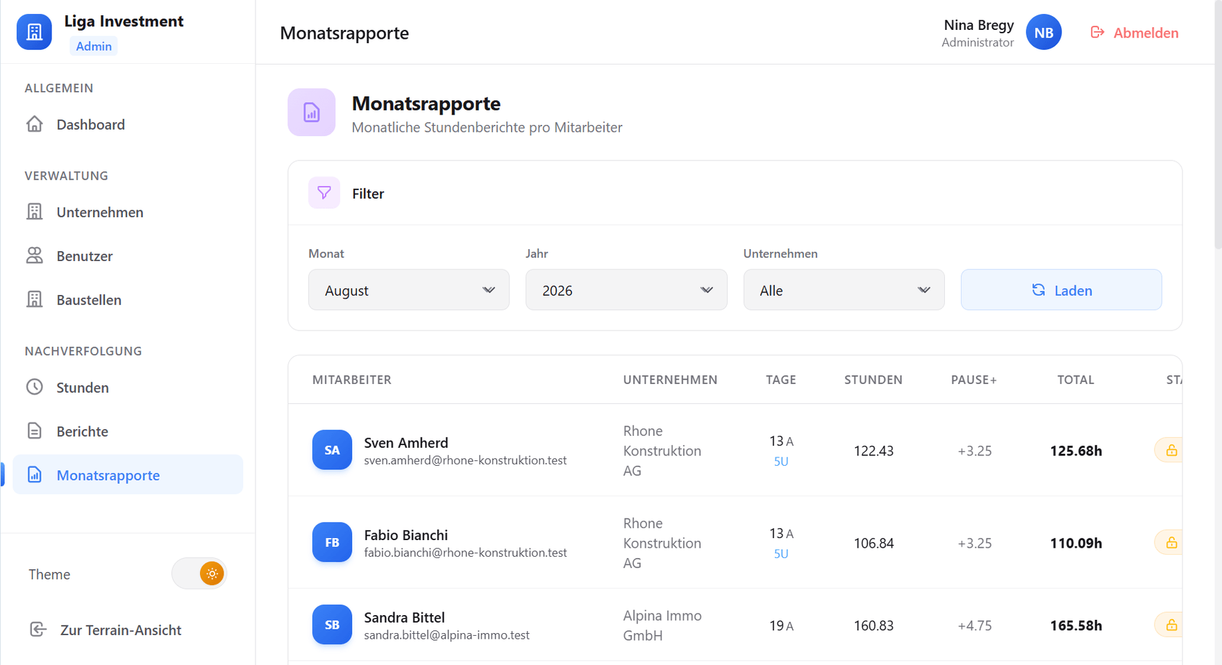L'écran Monatsrapporte du logiciel