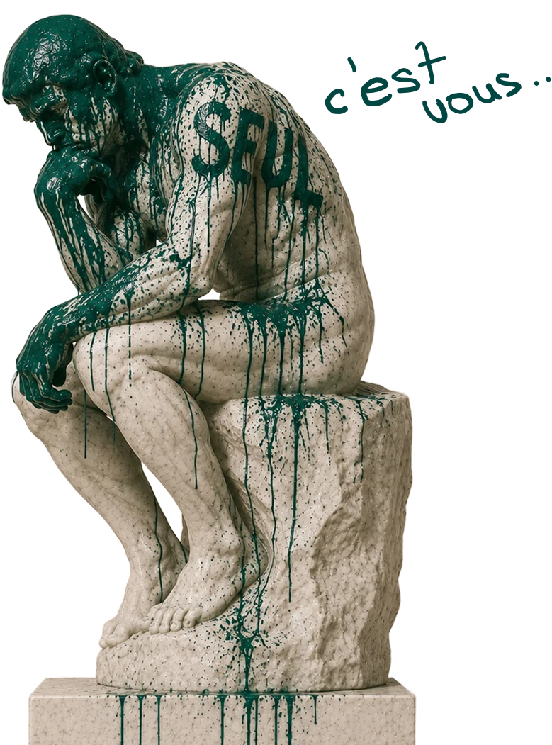 Le Penseur de Rodin en marbre, couvert de coulures de peinture teal et tagué « SEUL », avec la mention manuscrite « c'est vous » — métaphore du client laissé seul avec son site